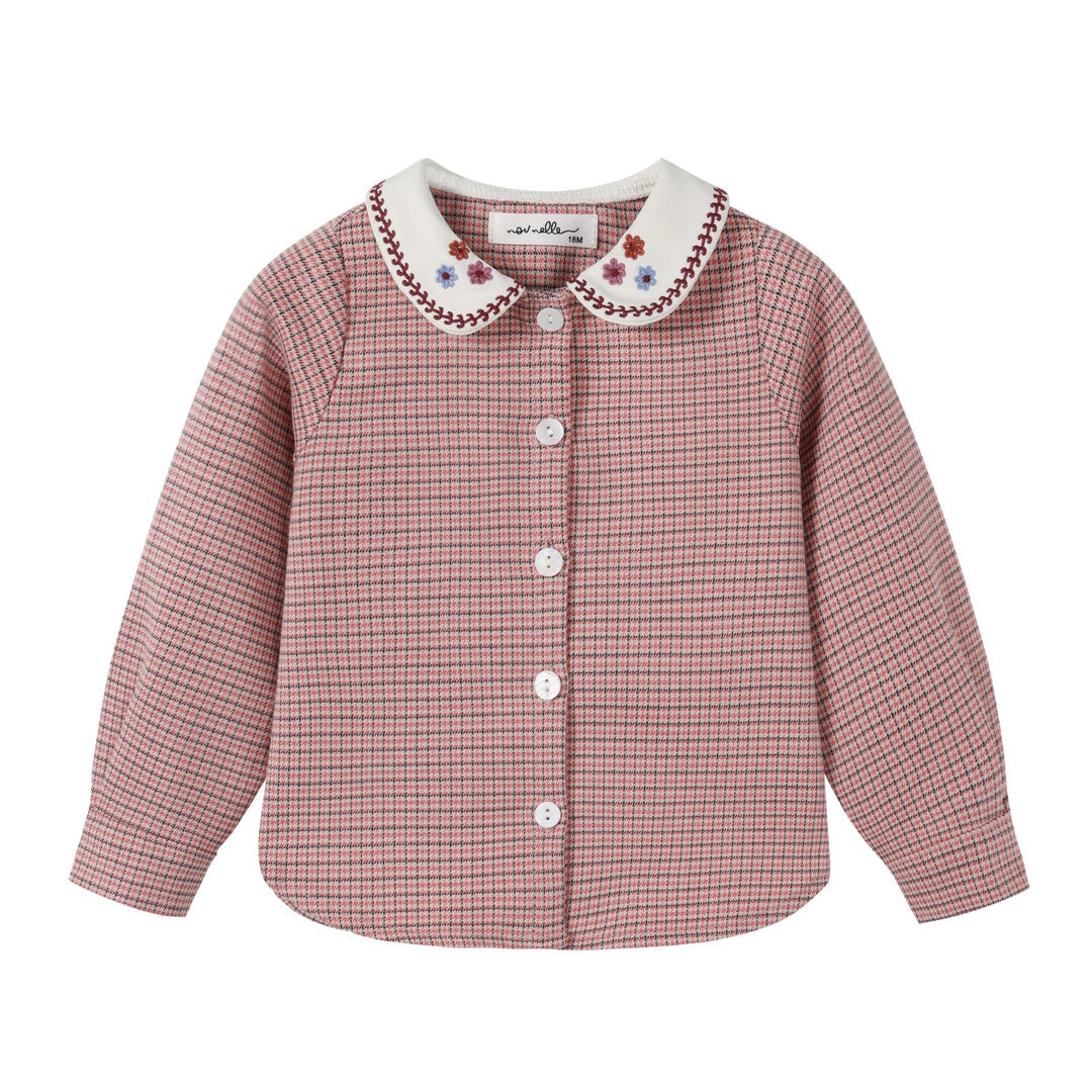 set outfit houndstooth embroidered collar shirt and bloomers - pink