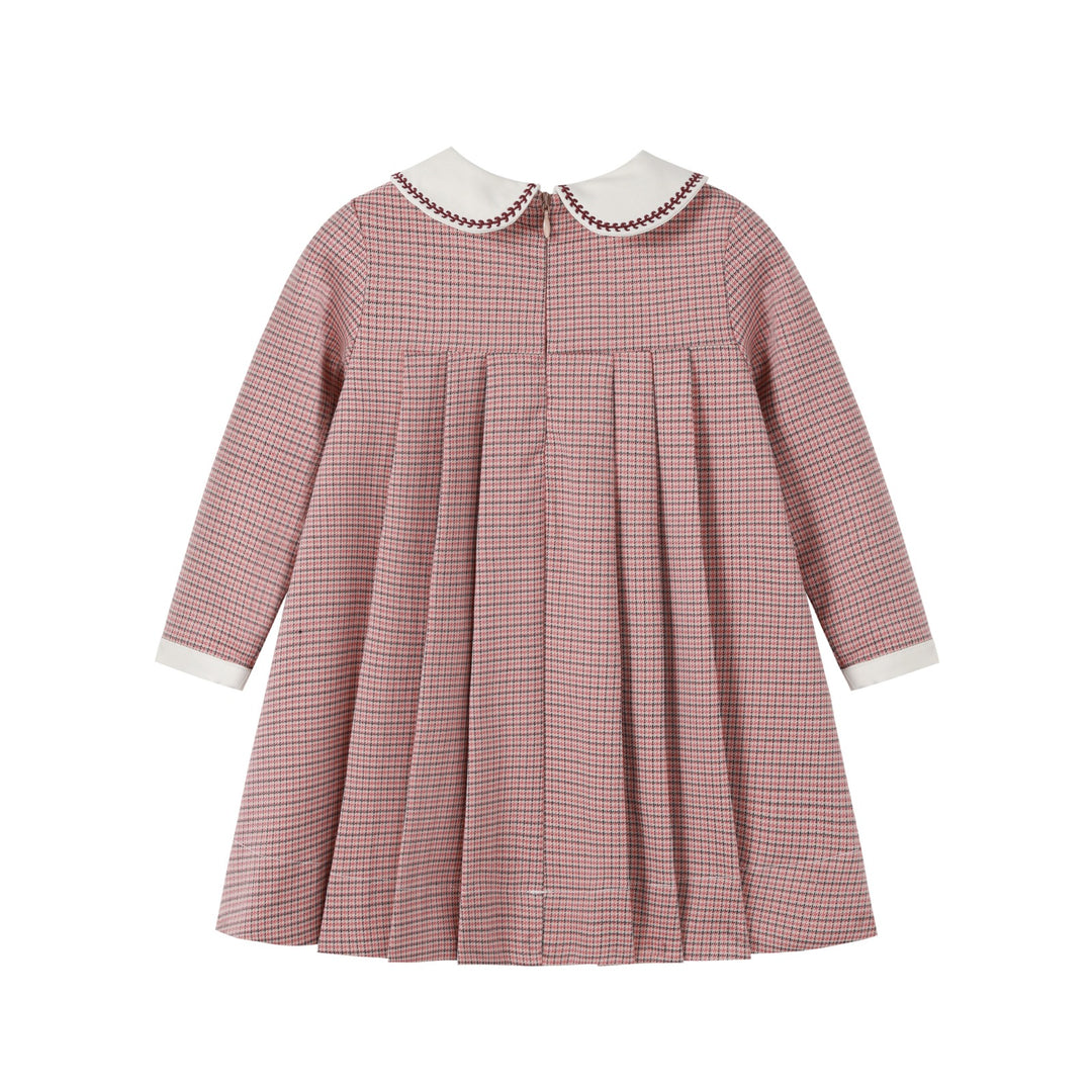 dress houndstooth open pleated with embroidered collar