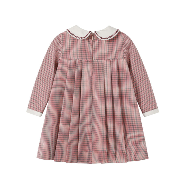 dress houndstooth open pleated with embroidered collar - pink