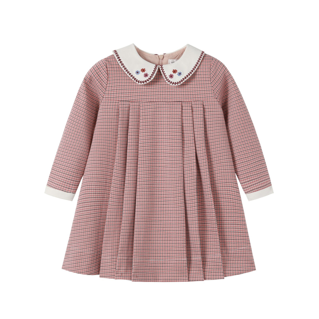 dress houndstooth open pleated with embroidered collar - pink