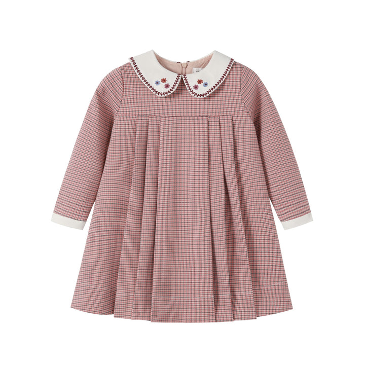 dress houndstooth open pleated with embroidered collar - pink