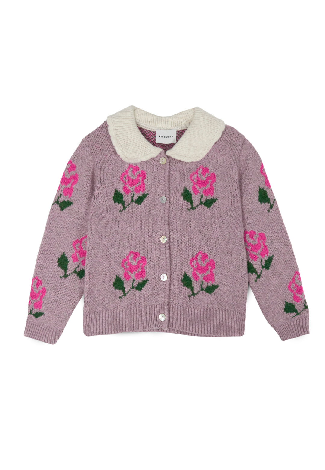 top l/s soft knit flower cardigan with collar - mauve