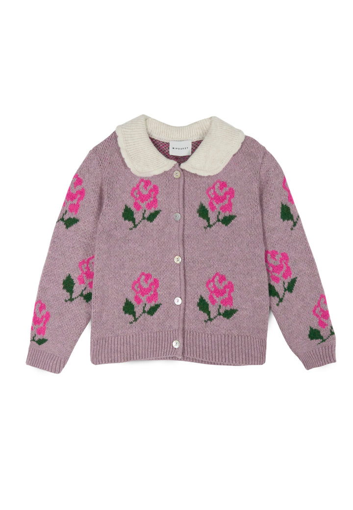 top l/s soft knit flower cardigan with collar - mauve
