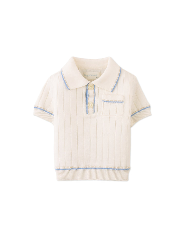 polo s/s ribbed knit with striped edges - off white