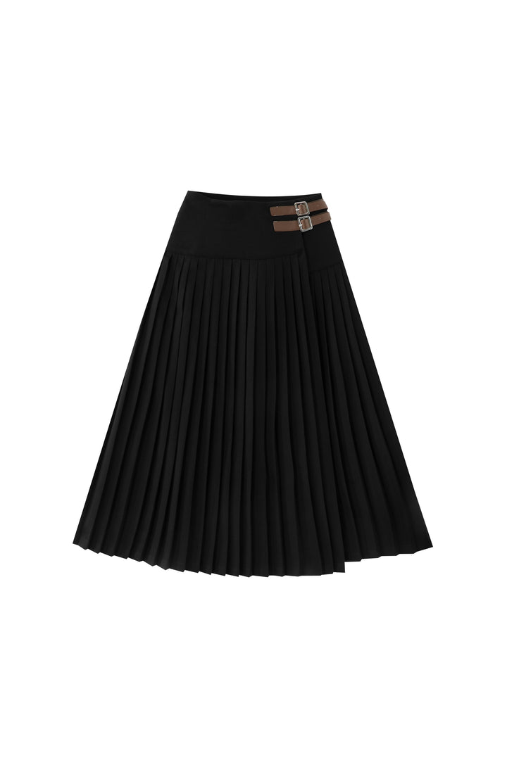 accordian pleated skirt with side buckles - black