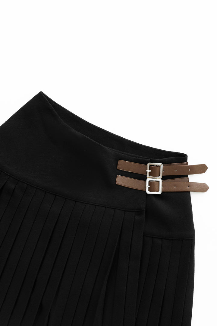 accordian pleated skirt with side buckles - black