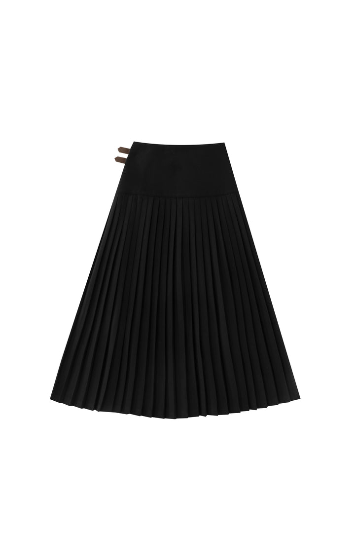 accordian pleated skirt with side buckles - black