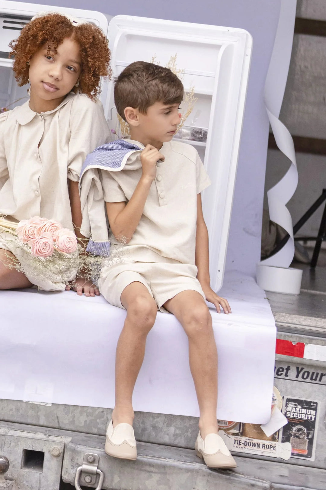 shorts linen button - beige-150