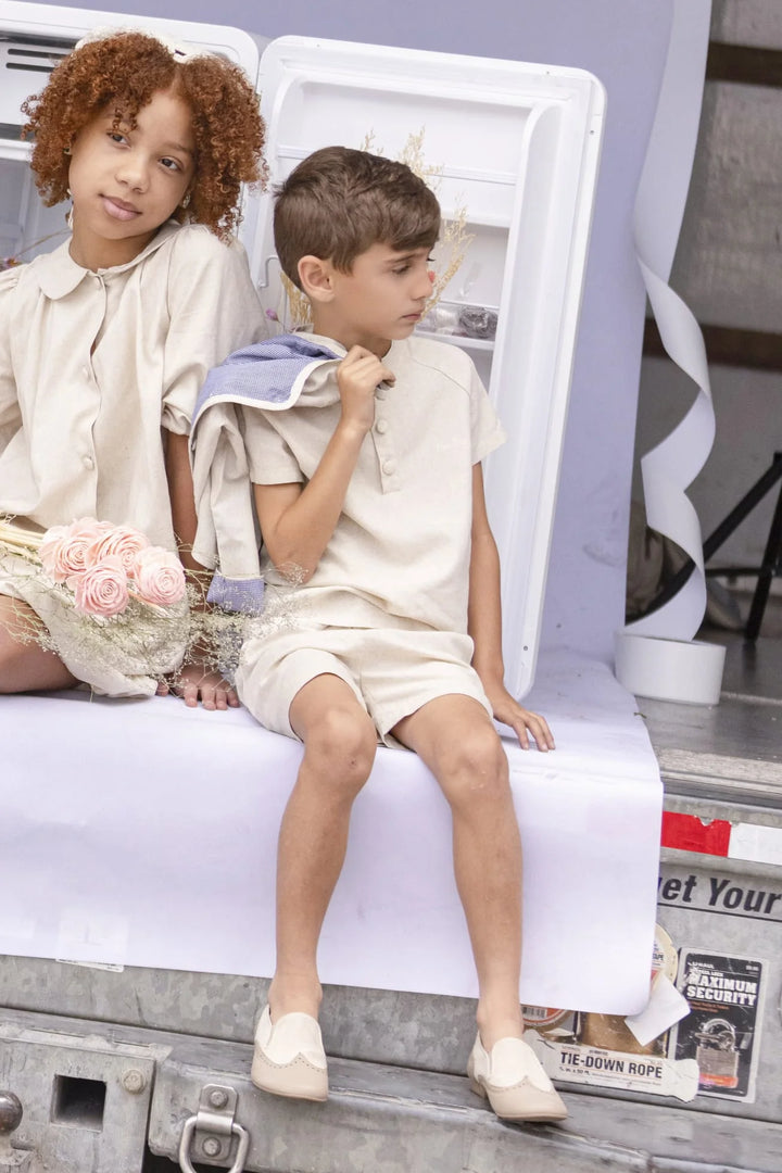 shorts linen button - beige-150