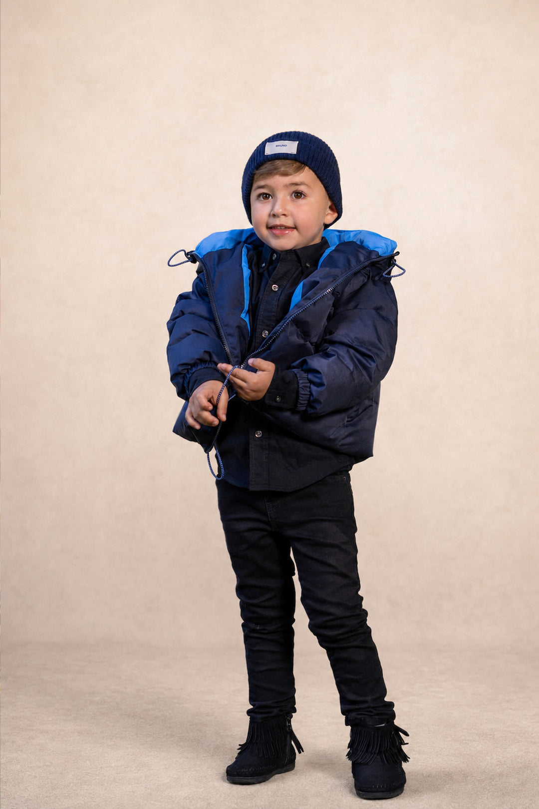 coat padded drawstring piped detail with hood - navy