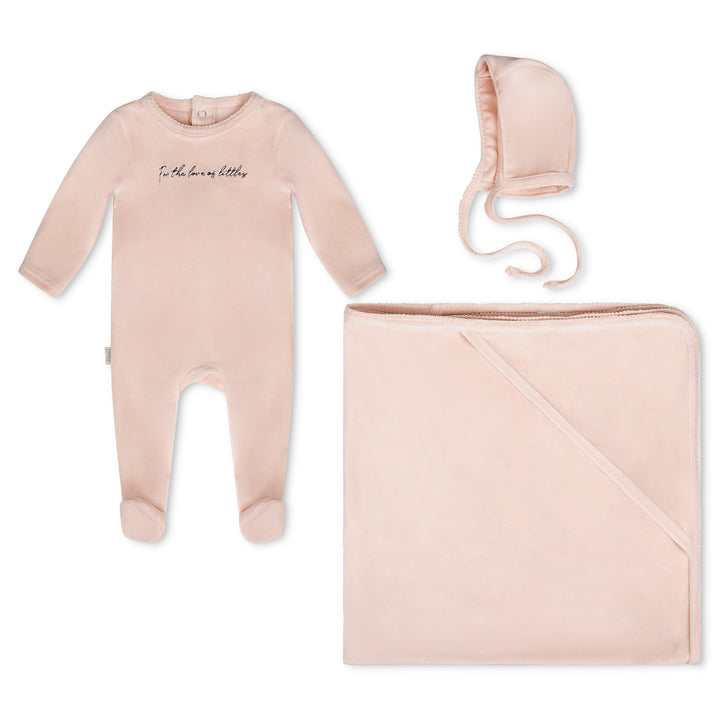 set footie velour scribble footie with bonnet and blanket  - baby pink