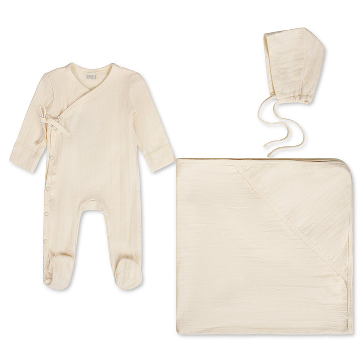 set footie pointelle wrap footie with bonnet and blanket - cream