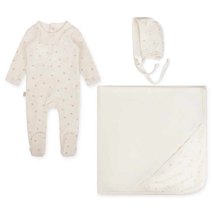set footie  ribbed print with bonnet and blanket - bow flower