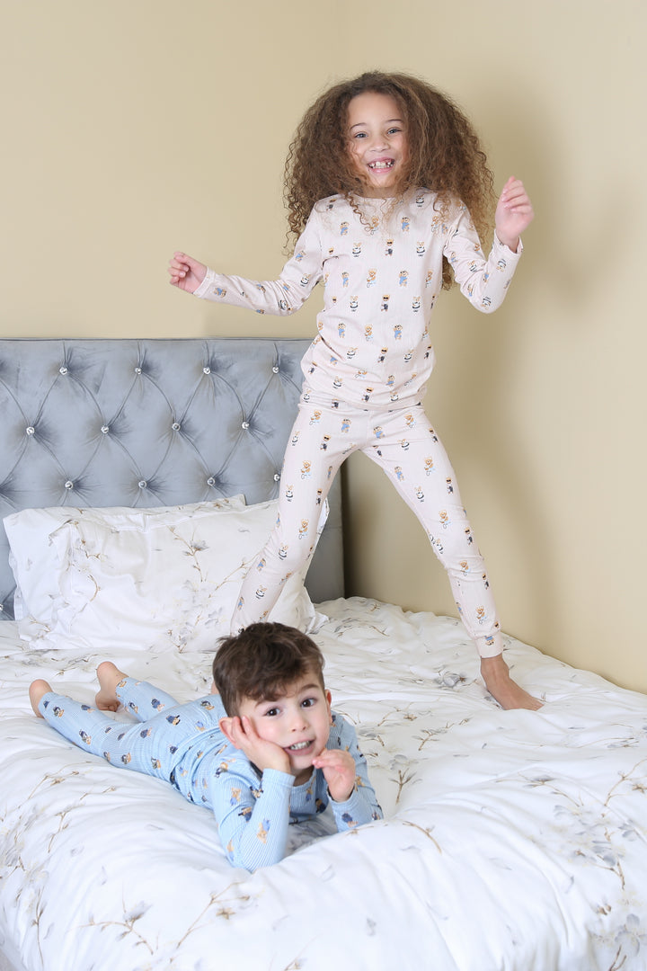 pajamas striped bear print top and pants - pink