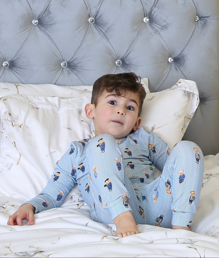 pajamas striped bear print top and pants - blue