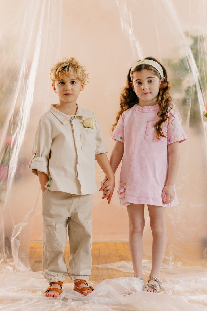 dress s/s denim snaps with logo pocket - pale pink-81