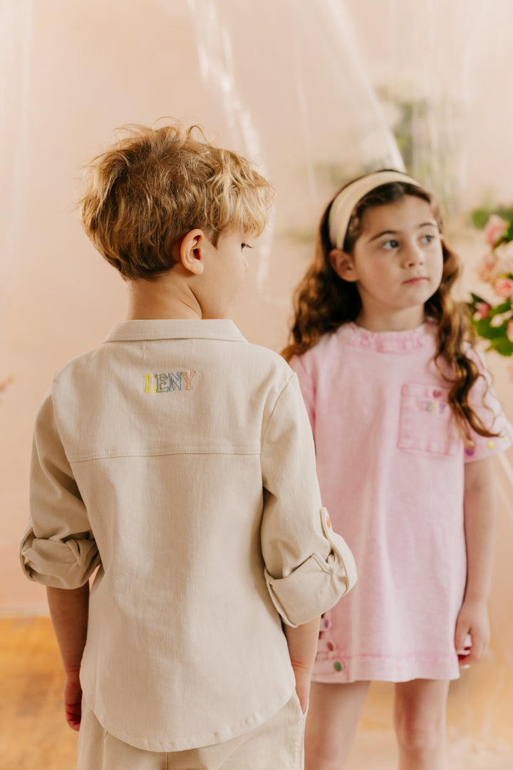 dress s/s denim snaps with logo pocket - pale pink-81