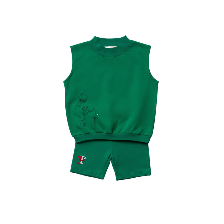 set outfit girl planting sweat vest and shorts - green