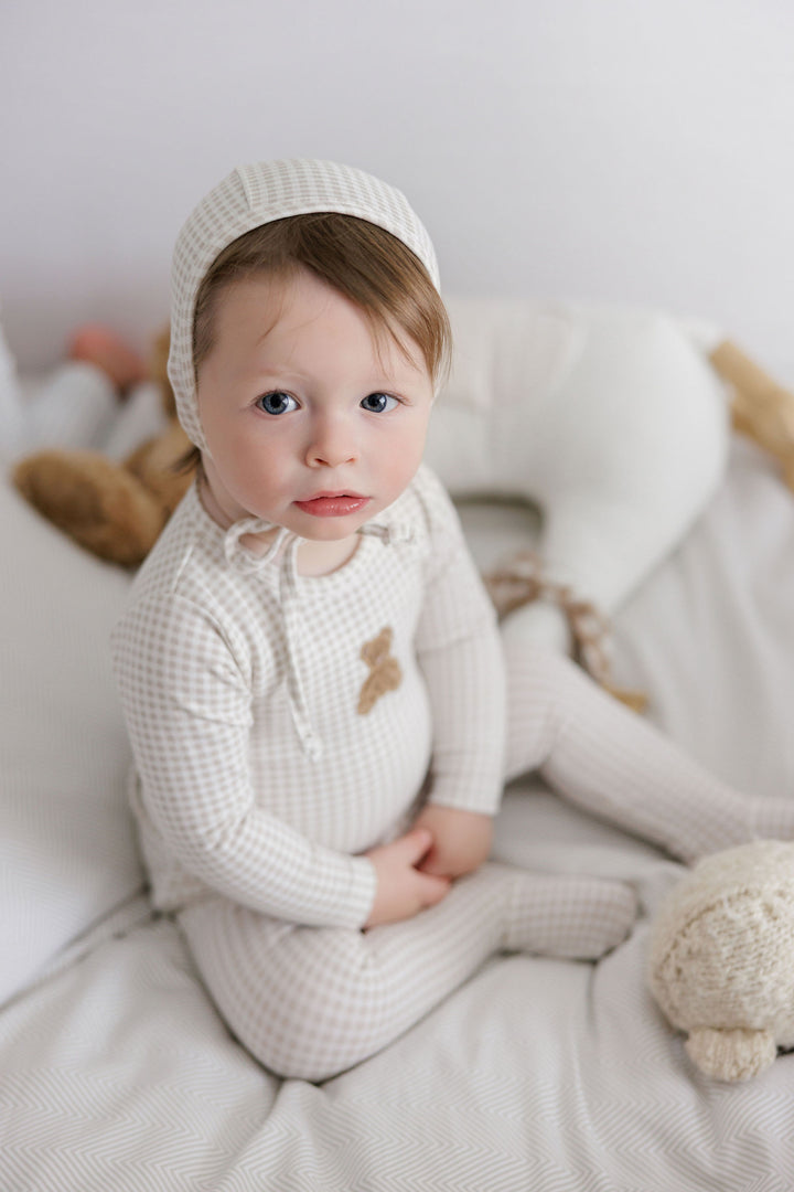 footie gingham sherpa teddy with bonnet - tan