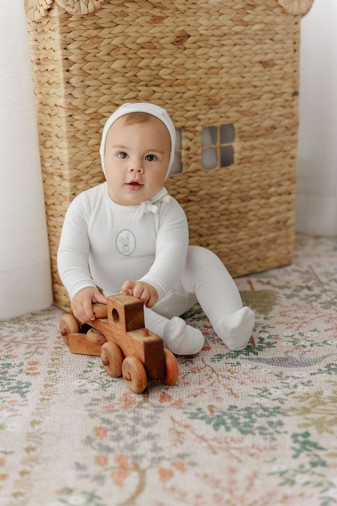 footie velour bunny pin dot with bonnet - ivory boy