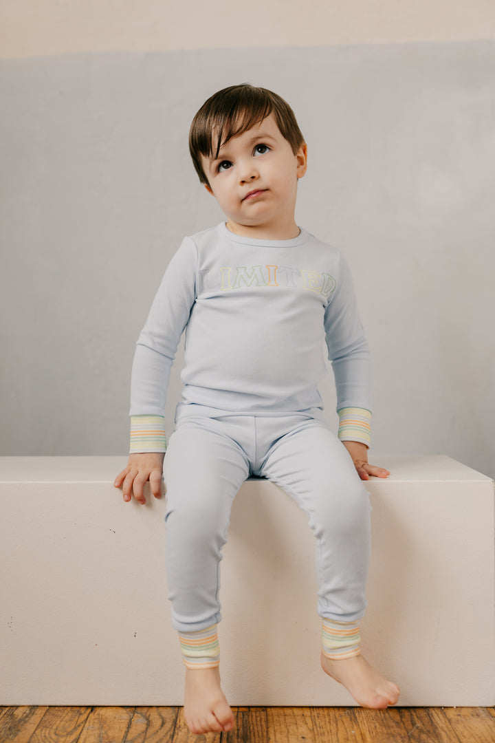 pajamas multi pastel striped cuffs logo top and pants - sky-2