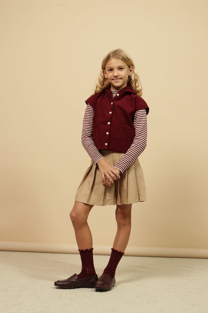 vest corduroy button down with hood - wine-28