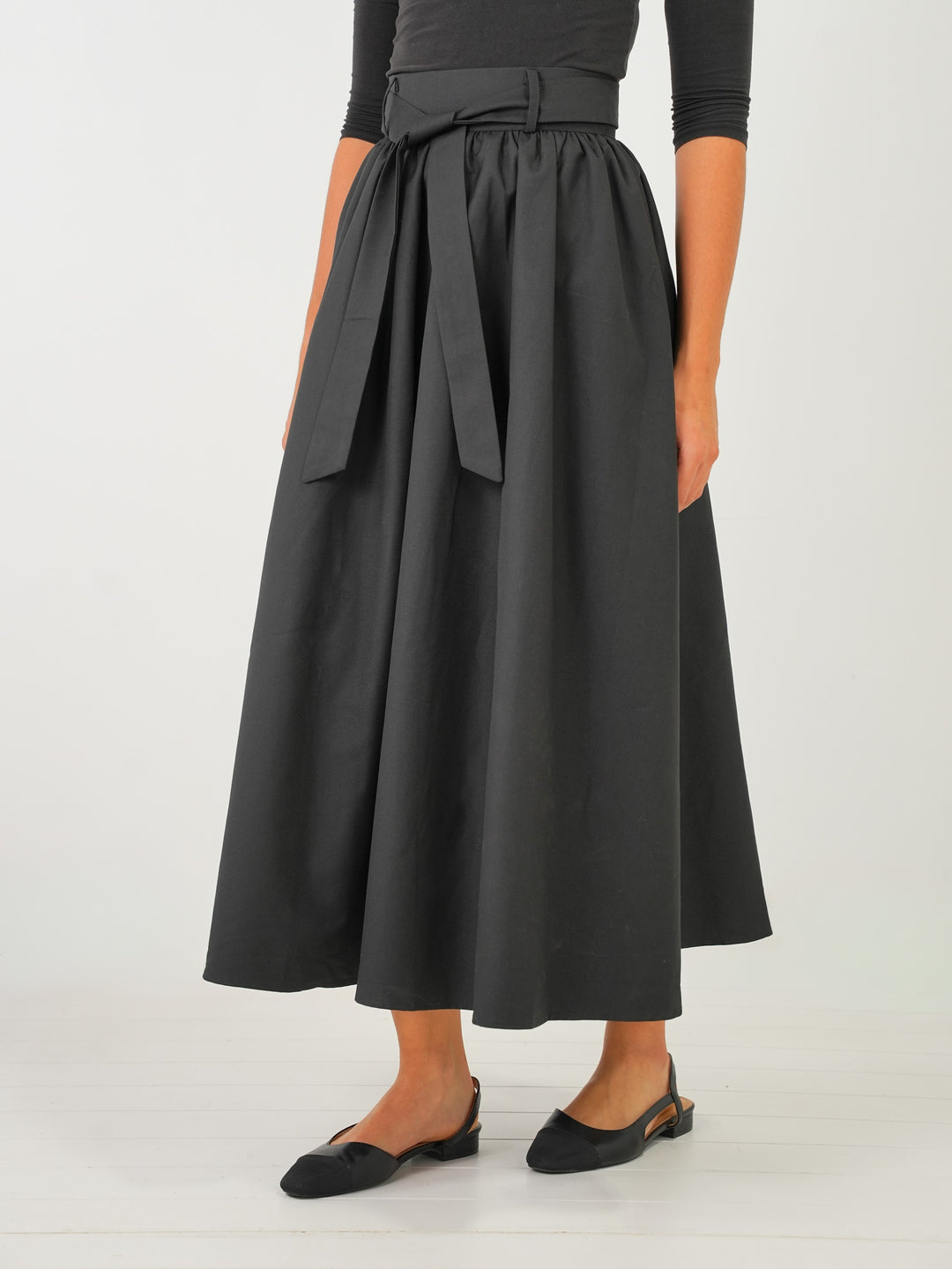 skirt midi taffeta with belt - black