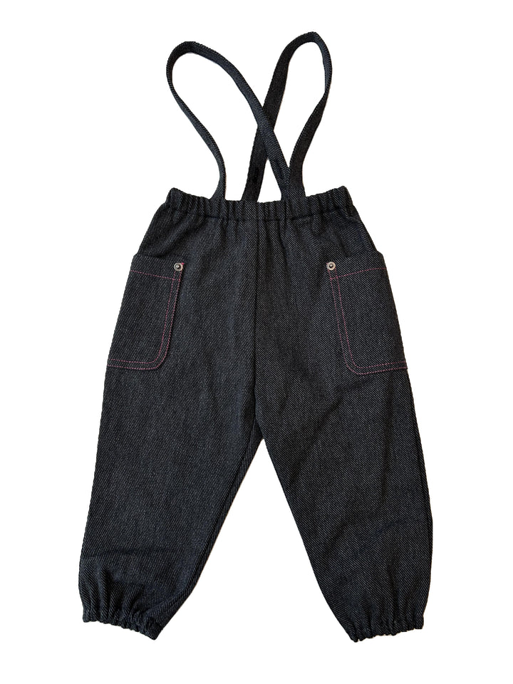 one piece denim corduory overall with contrast stitching - black denim/fuchsia