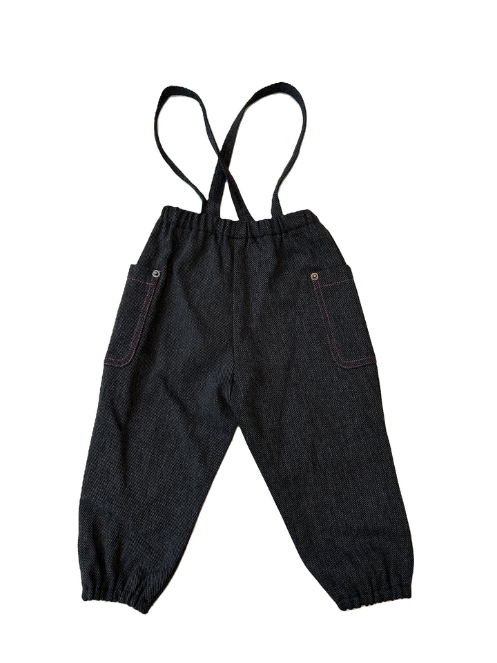 one piece denim corduory overall with contrast stitching - black denim/fuchsia