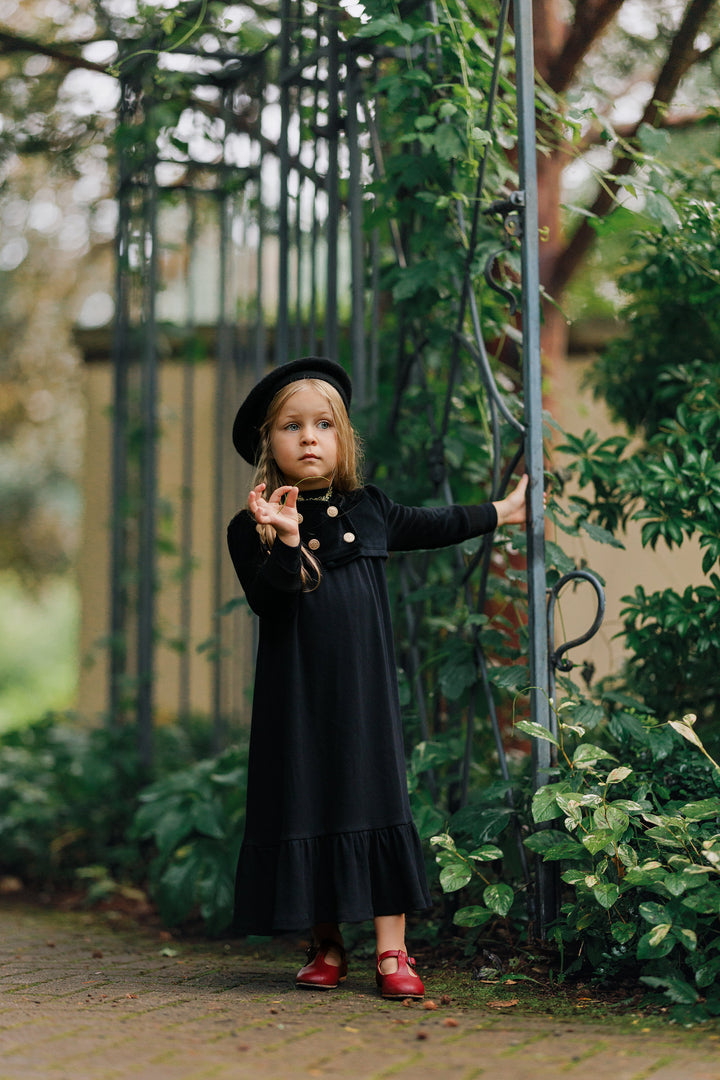 maxi dress ribbed tiered with velour crop wrap cardigan - black