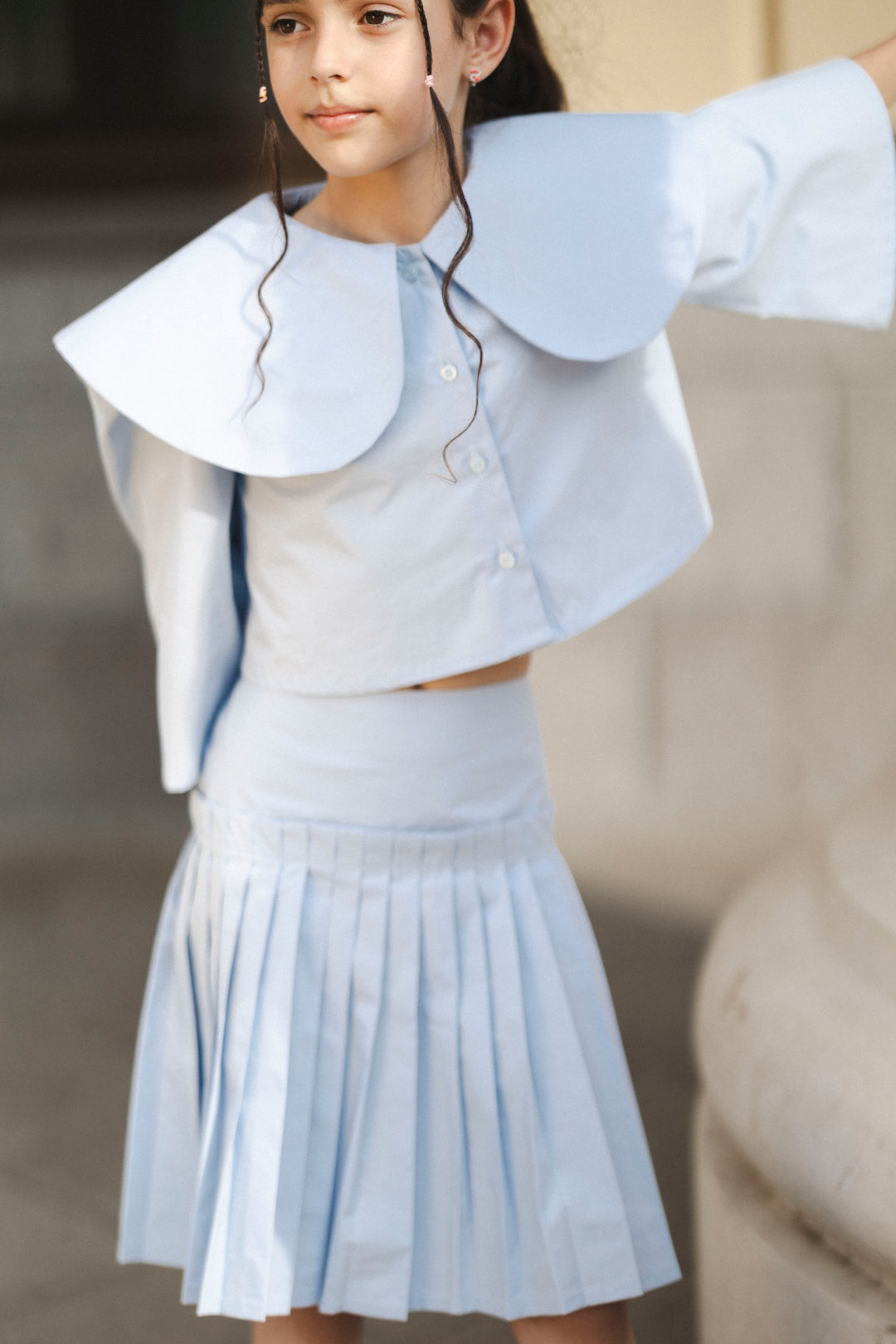 set outfit big collar blouse and pleated skirt - sky blue-113-126