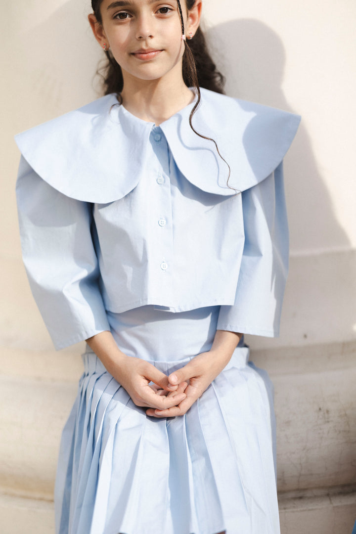 set outfit big collar blouse and pleated skirt - sky blue-113-126