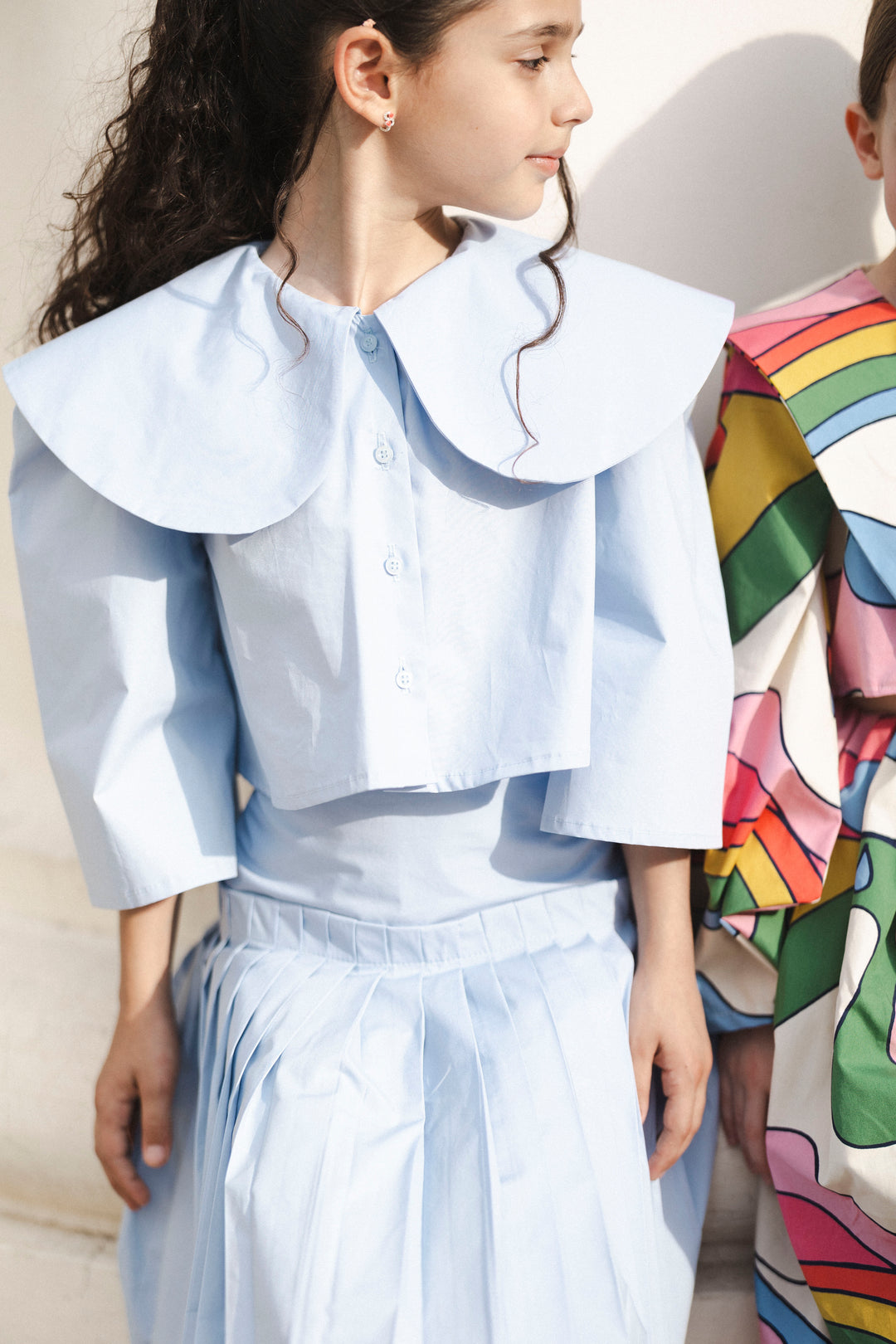 set outfit big collar blouse and pleated skirt - sky blue-113-126