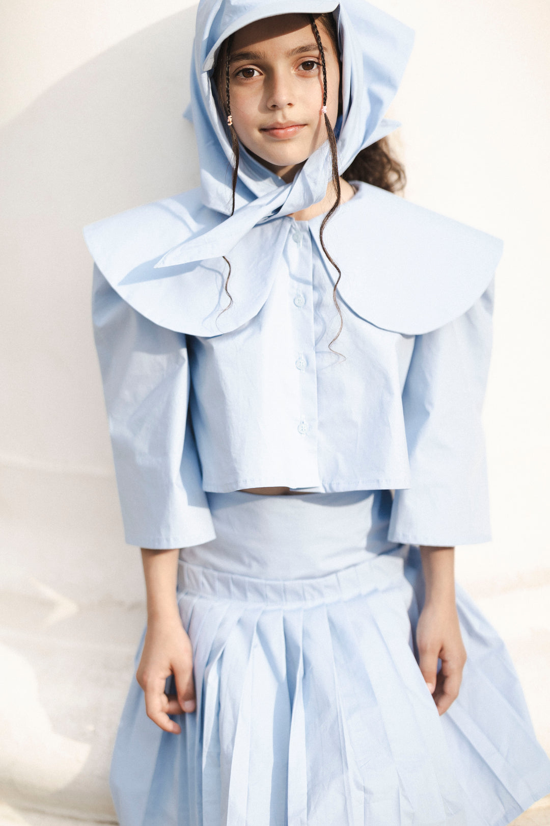 set outfit big collar blouse and pleated skirt - sky blue-113-126