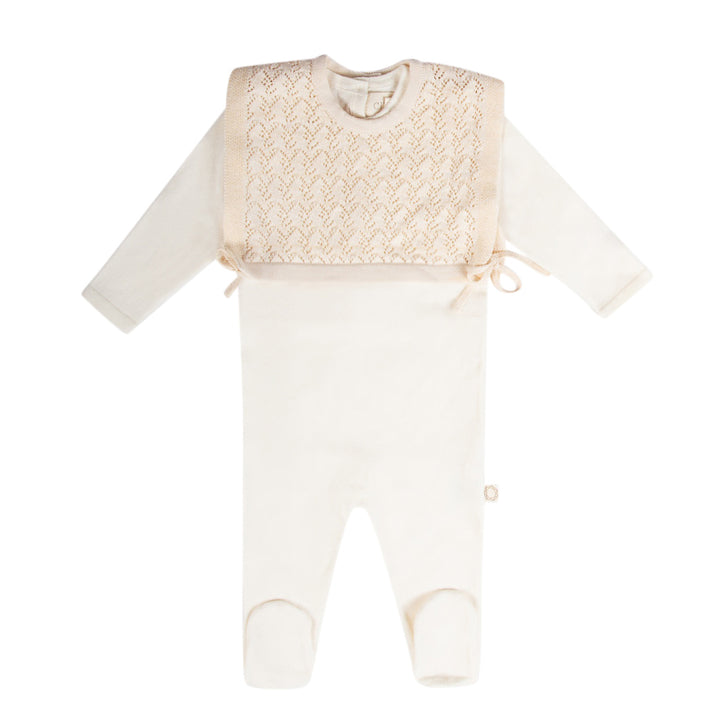 set knit one piece with knit vest and bonnet - cream melange