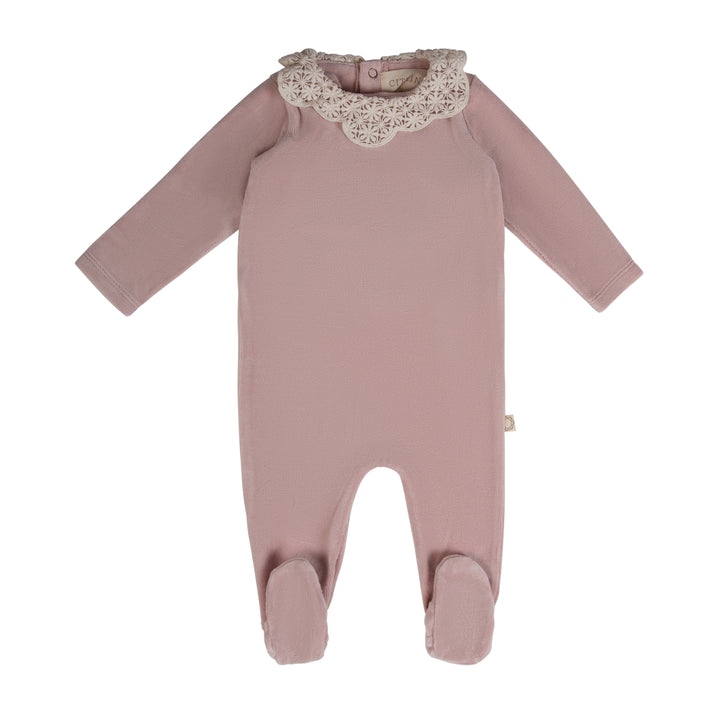 set footie lace collar velour with bonnet and blanket - misty rose