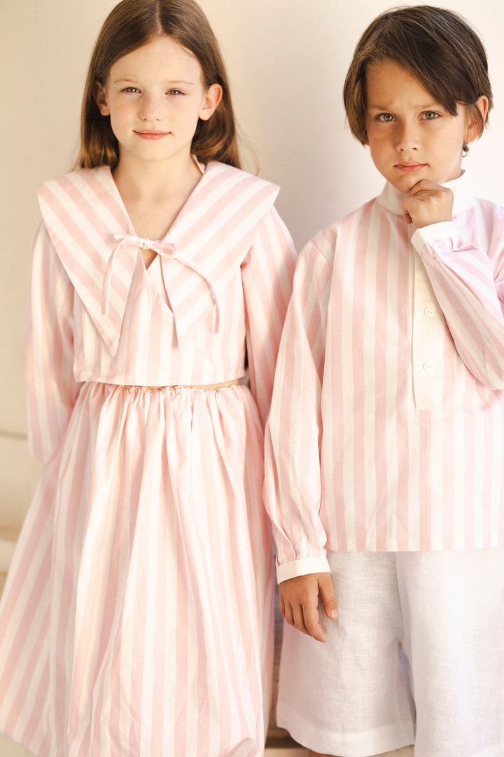 set outfit pleated balloon sleeve blouse and pleated skirt - pnk stripes-115-128