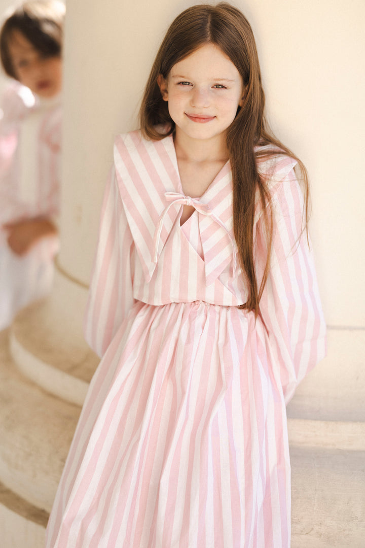 set outfit pleated balloon sleeve blouse and pleated skirt - pnk stripes-115-128