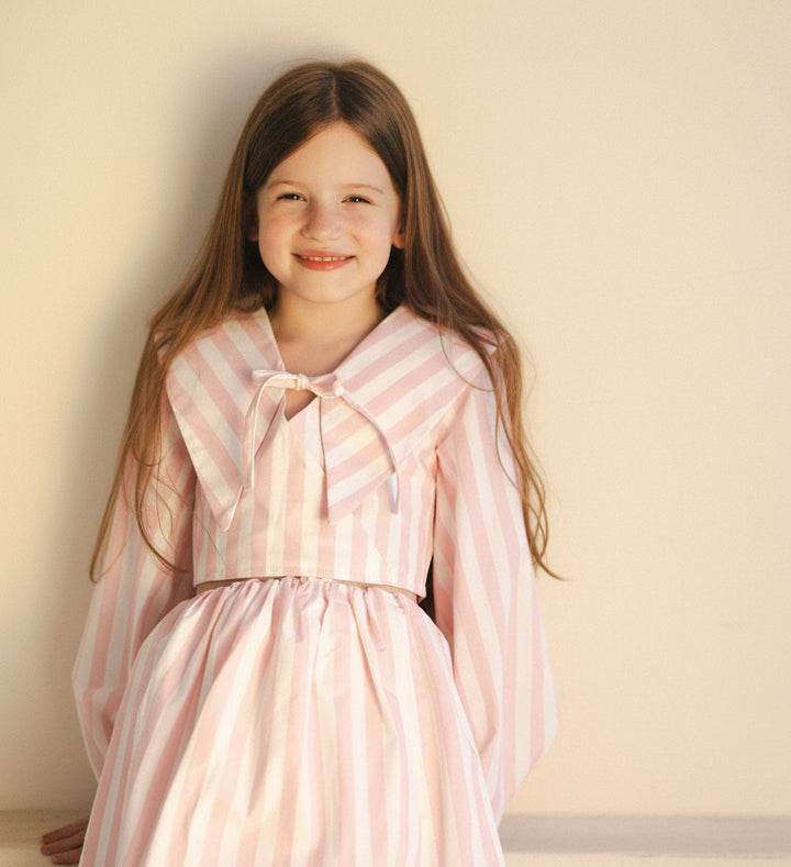 set outfit pleated balloon sleeve blouse and pleated skirt - pnk stripes-115-128