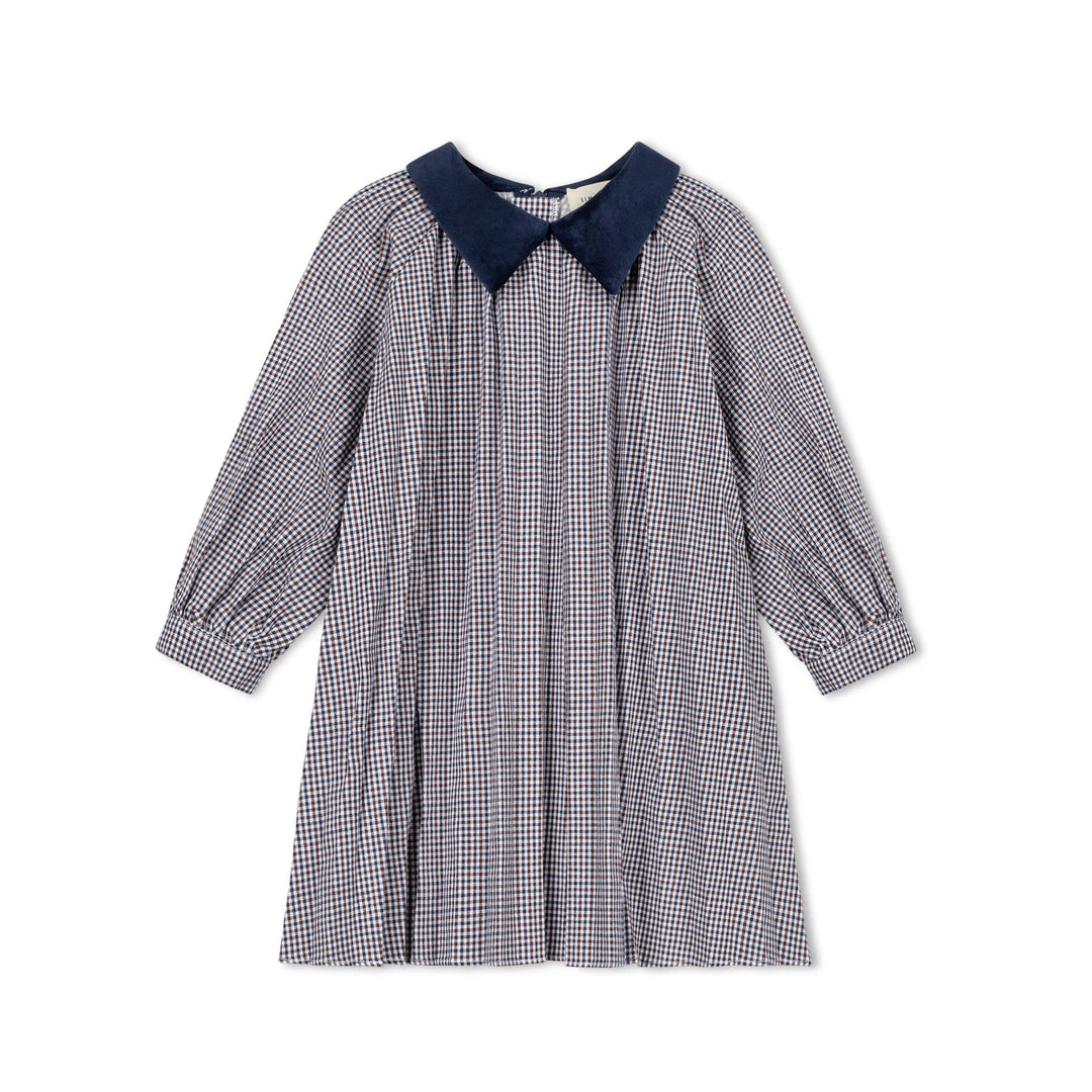 dress gingham flowy with velvet collar - navy