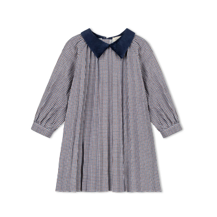 dress gingham flowy with velvet collar - navy