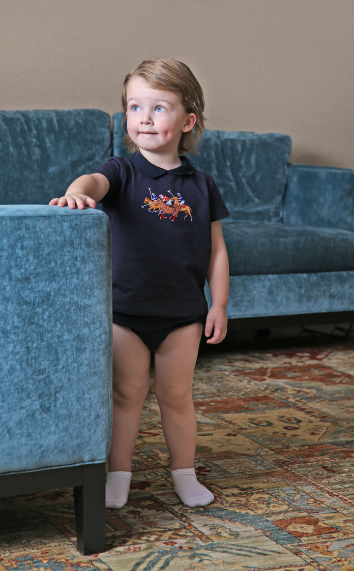 set outfit embroidered horse racers top and bloomers - navy