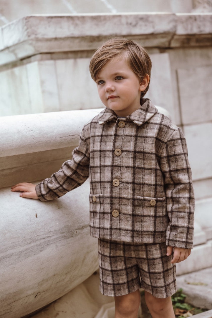 suit plaid collarless blazer and suspender shorts - plaid