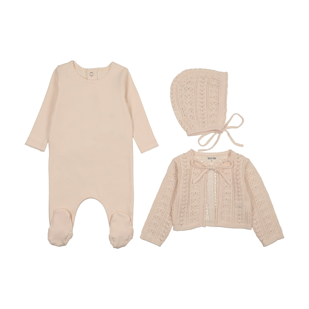 set knit cotton footie with pointelle cardigan bonnet and blanket - champagne pink