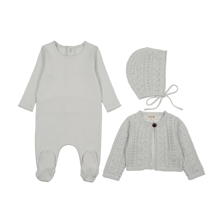 set knit cotton footie with pointelle cardigan bonnet and blanket - dusty blue