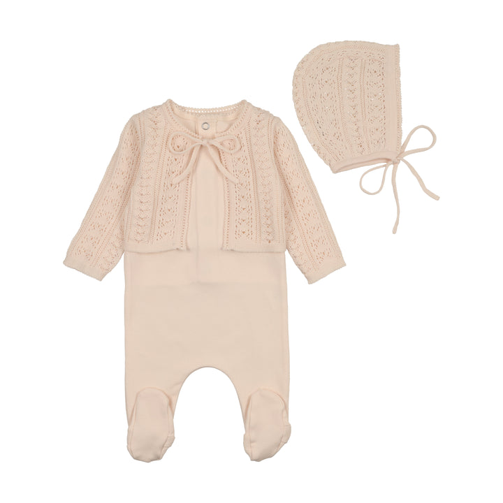 set knit cotton footie with pointelle cardigan bonnet and blanket - champagne pink