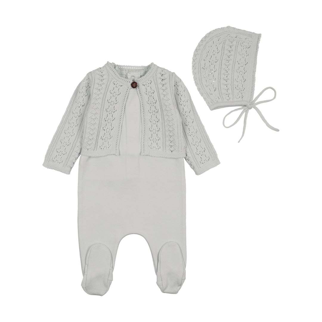 set knit cotton footie with pointelle cardigan and bonnet - dusty blue
