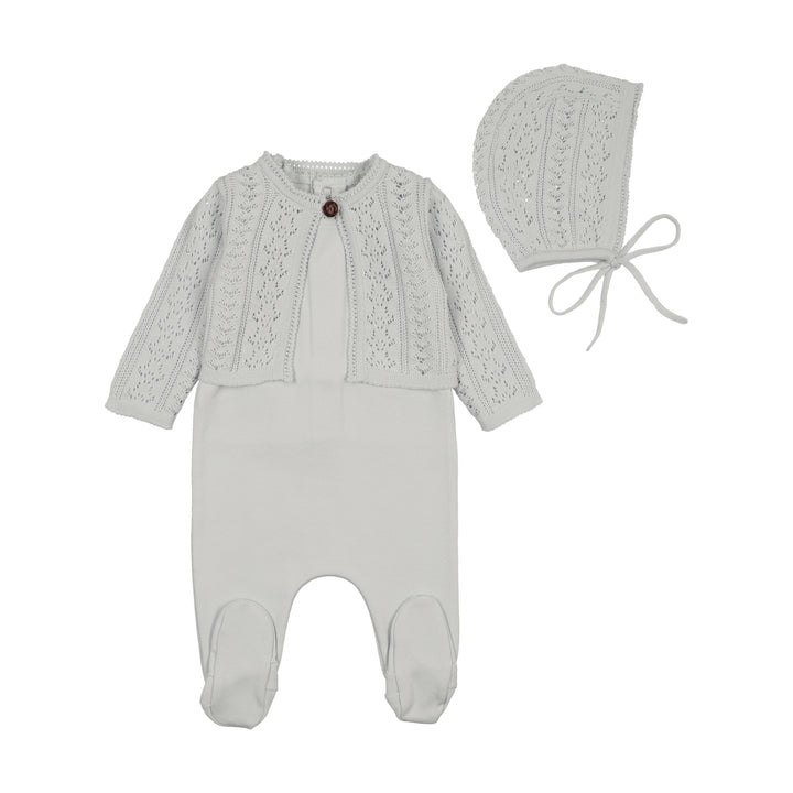set knit cotton footie with pointelle cardigan and bonnet - dusty blue