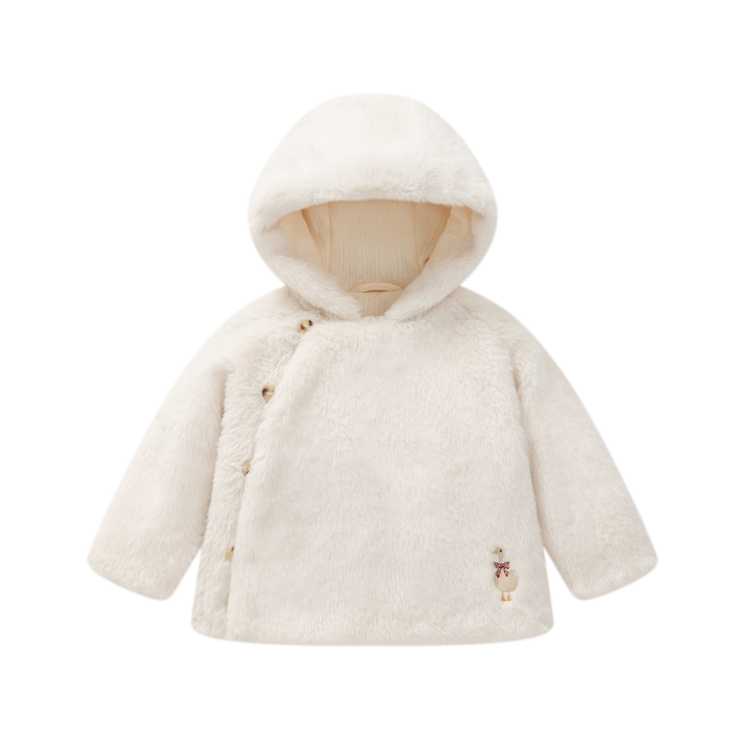 jacket embroidered fur wrap with beanie - cream