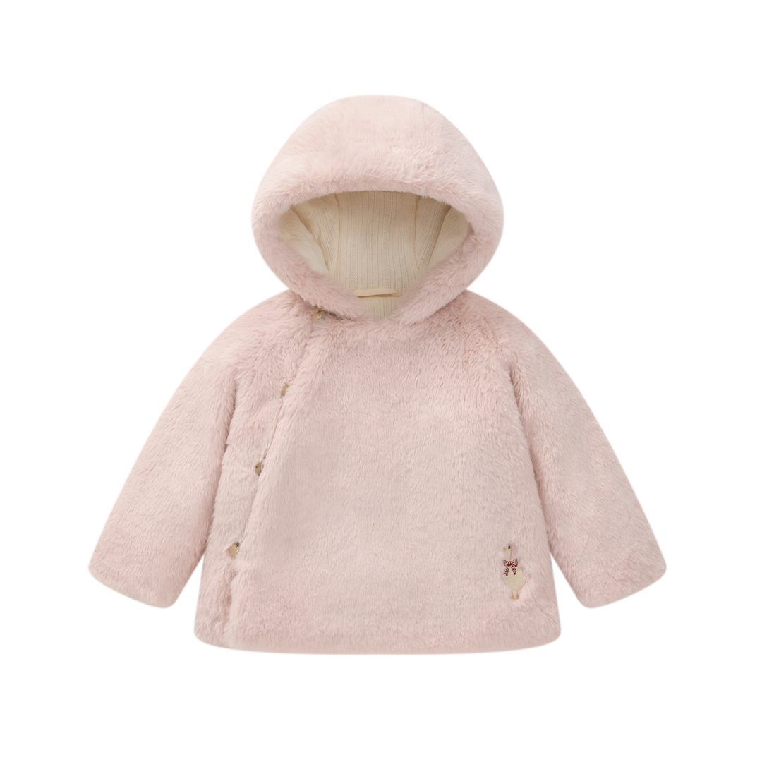 jacket embroidered fur wrap with beanie - pale pink